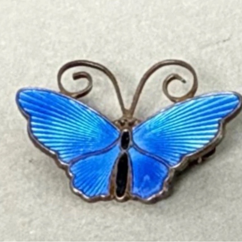Vintage David Anderson Sterling Silver Blue Enamel Butterfly Brooch from Norway
